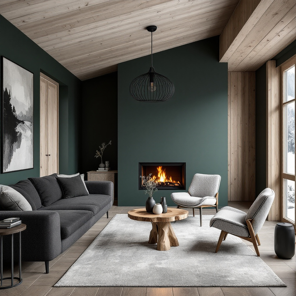 Allgäuer Chalet-Wohnzimmer in dunklem Tannengrün mit Lodensofa