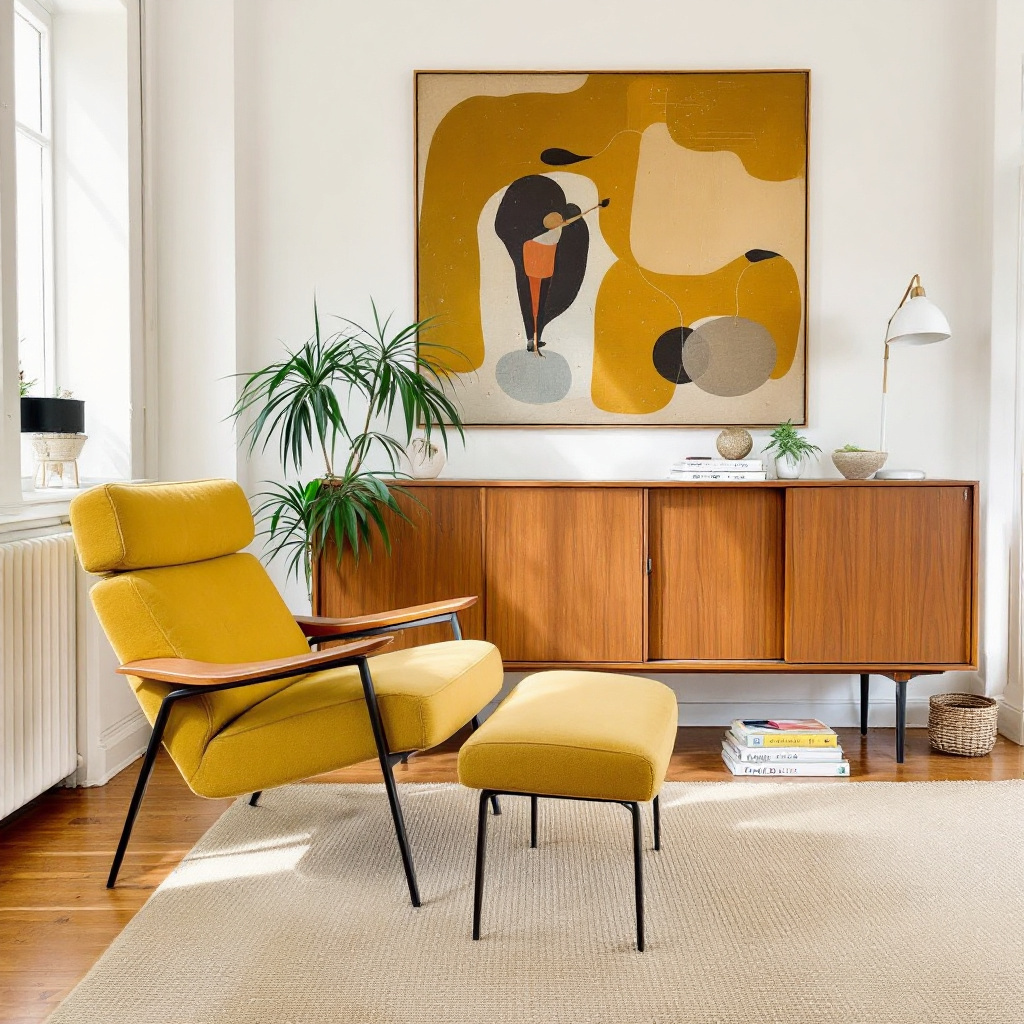 WK-Möbel Walnuss-Sideboard und senfgelber Sessel, Stuttgart