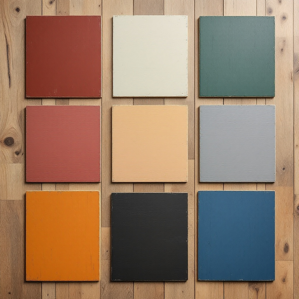 Farbpalette mit neun Wandfarbproben auf Holzdielen