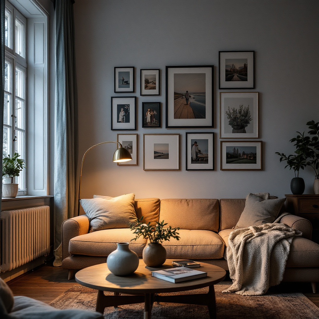 Wohnzimmer mit fertiger Gallery Wall, Sofa, Stehlampe und Couchtisch in ruhiger Abendstimmung