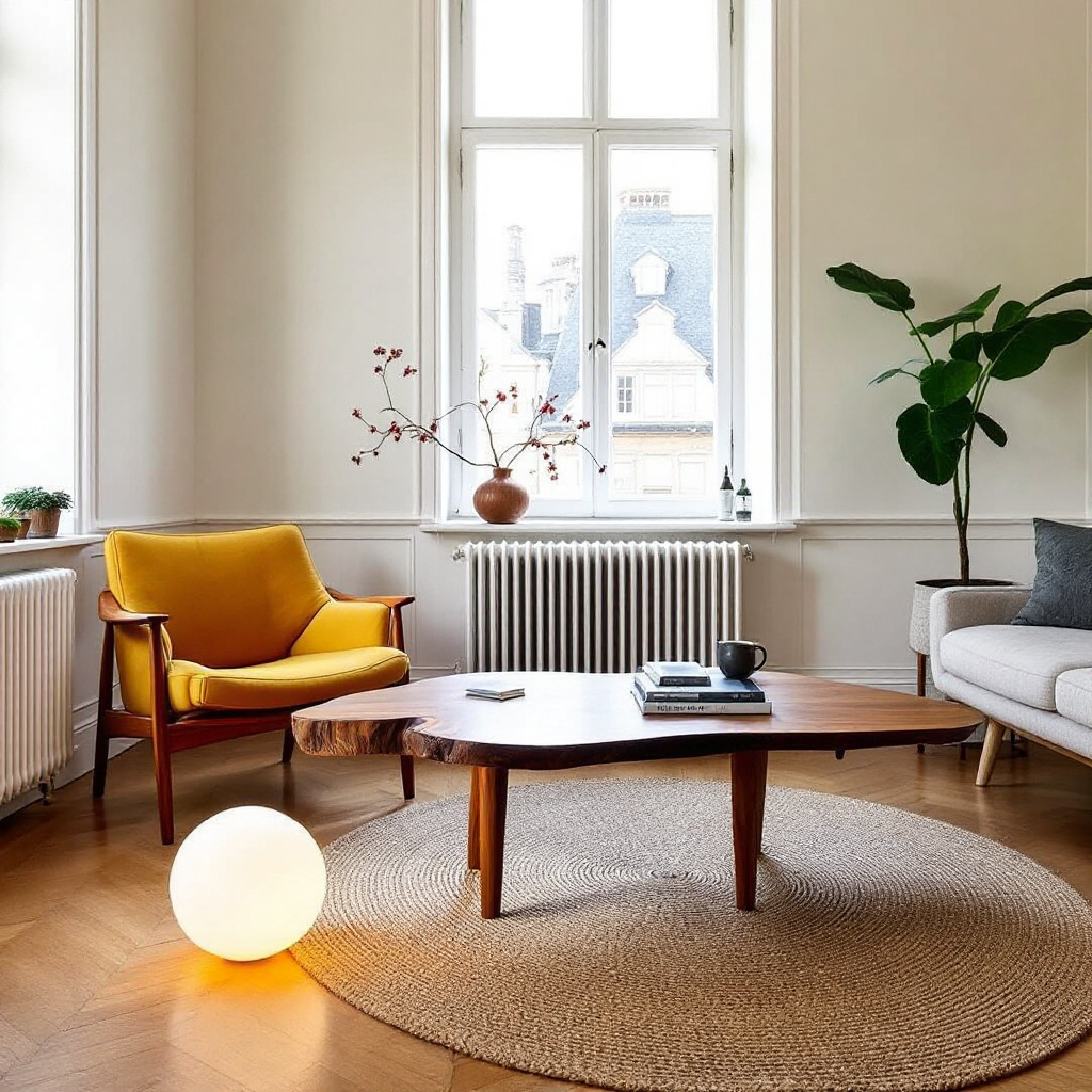 Walnuss-Couchtisch mit Baumkante und senfgelber Vintage-Sessel, Berlin