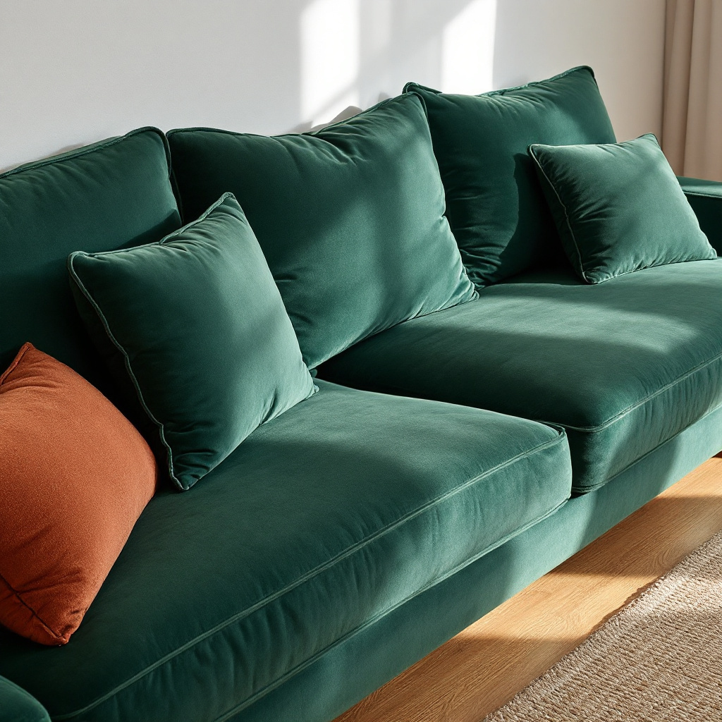 Sofa mit final arrangierten Kissen in einer asymmetrischen Treppen-Komposition, weiches Nachmittagslicht