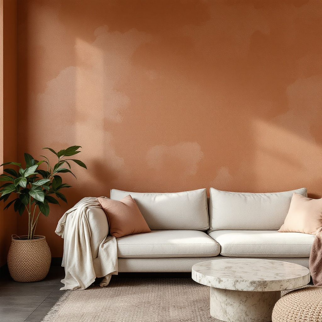 Wohnzimmer mit Terrakotta-Kalkputzwand und cremefarbenem Bouclé-Sofa