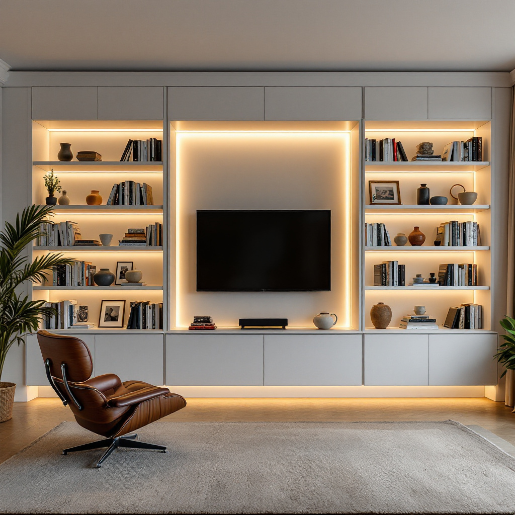 Wandhohe Bibliothek aus Birkenmultiplex mit zentraler TV-Nische und Buechern
