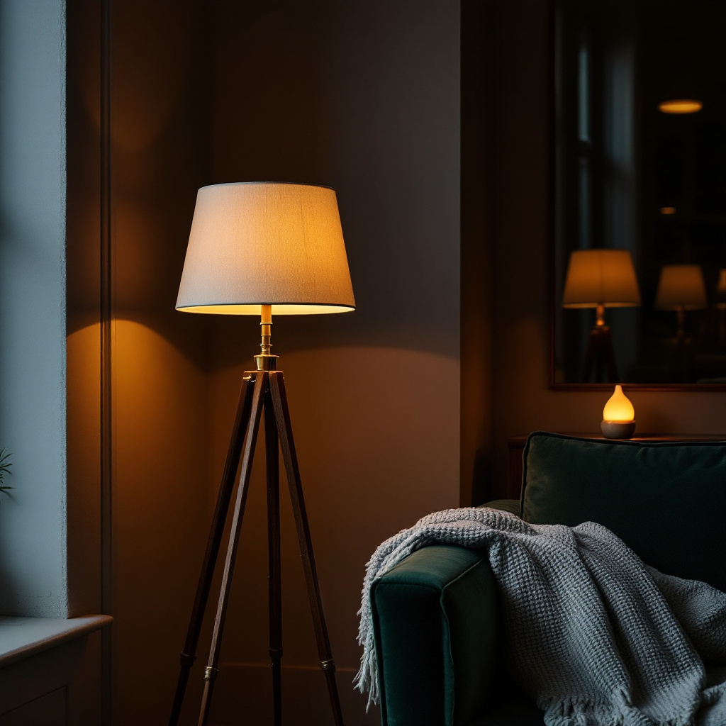Stehlampe mit Leinenschirm neben Sofa, warmes Abendlicht 2700 Kelvin
