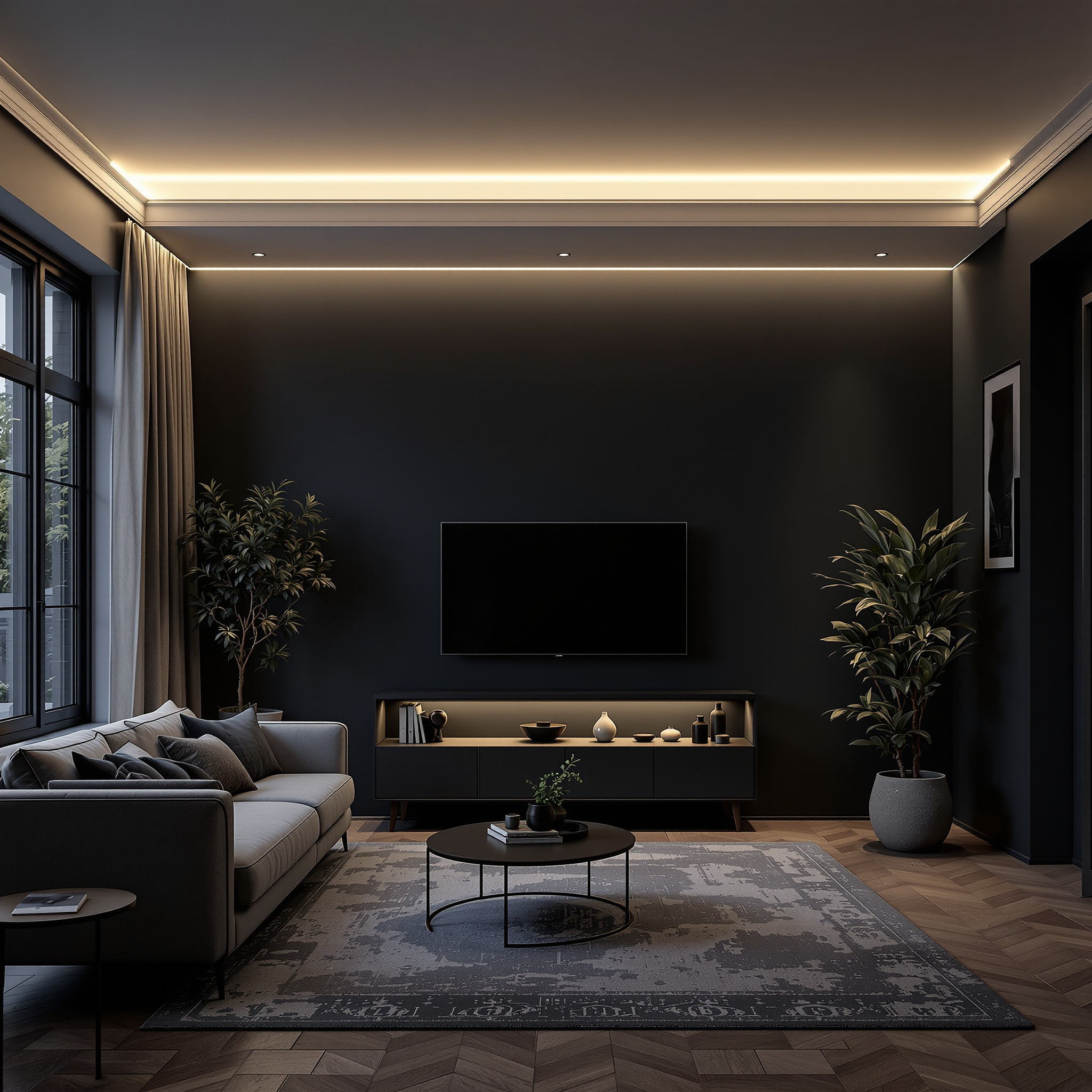 Wohnzimmer mit indirektem LED-Lichtband hinter Gipskarton-Stuckleiste, warmweißes Licht 2700 K, dunkle Abendatmosphäre, keine sichtbaren Leuchtmittel