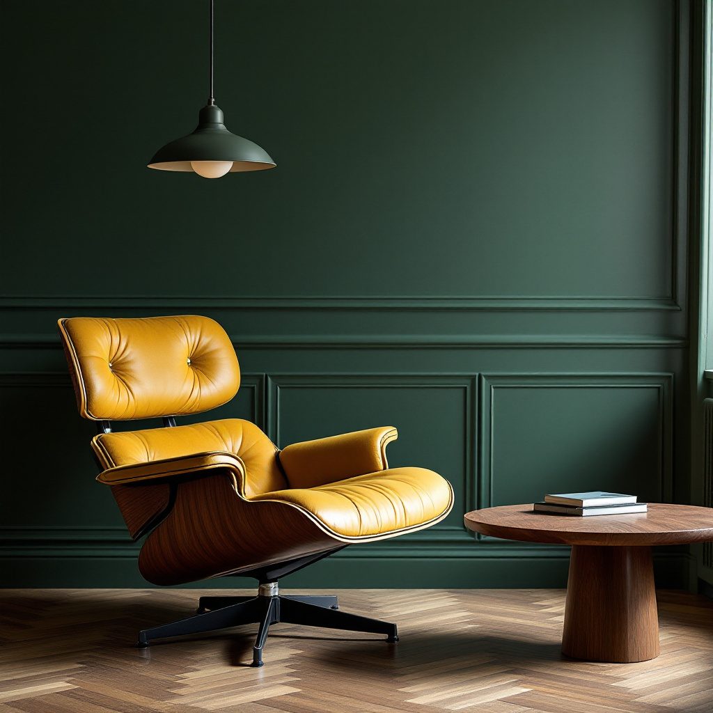 Eames Lounge Chair Walnuss mit senfgelbem Mohair-Bezug
