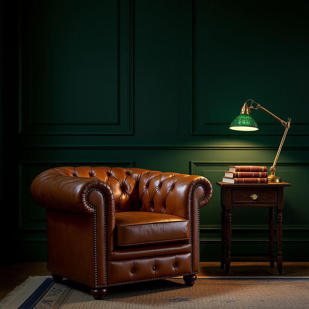 Dunkle Bibliotheksecke mit cognacfarbenem Chesterfield Sessel und grüner Messing Bankerlampe