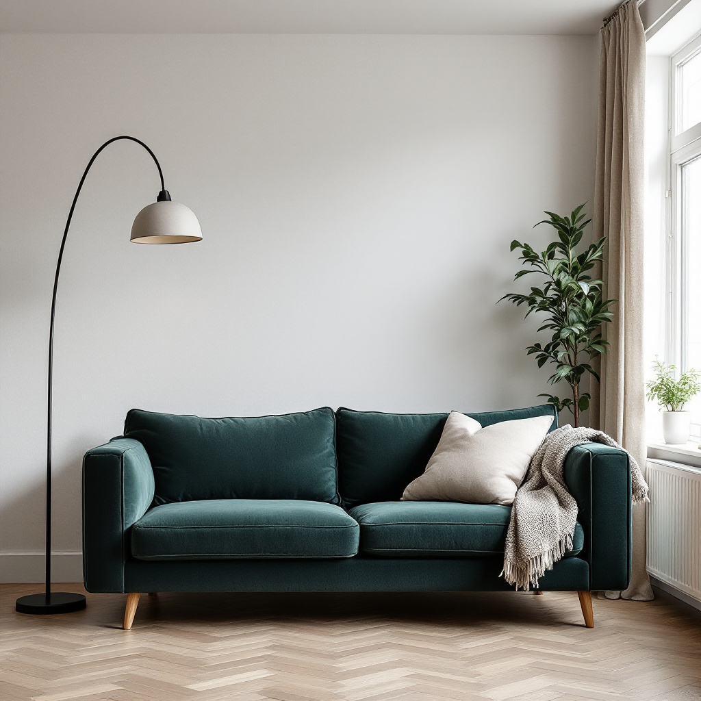 Dunkelgruenes Cordsofa in skandinavisch eingerichtetem Wohnzimmer mit Eichenholz