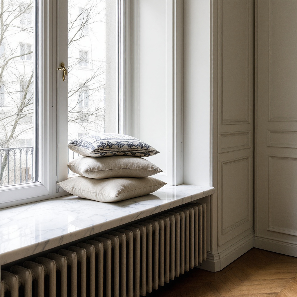 Schmale Marmor-Fensterbank im Altbau mit Leinenpolster