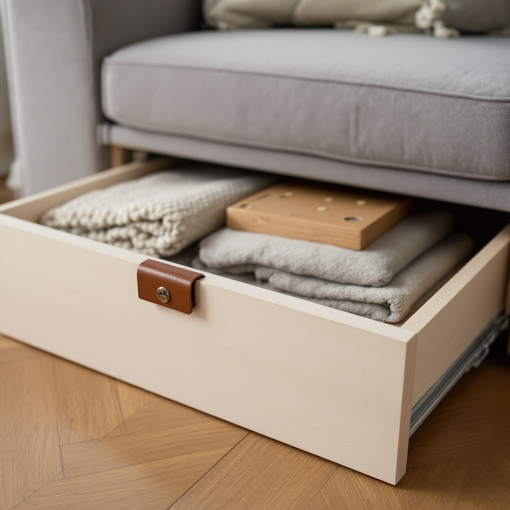 Flache Rollschublade unter einem grauen Stoffsofa, halb herausgezogen mit gefalteten Decken
