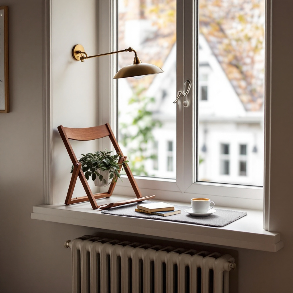 Schmale Leseecke an einer tiefen Altbaufensterbank mit Klappsessel und Messing-Wandschwenklampe