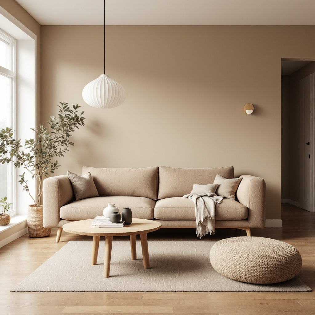 Skandinavisches Wohnzimmer in Beige mit hellem Holzregal und Wollteppich