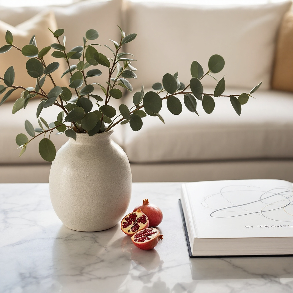 Couchtisch mit Eukalyptuszweigen, drei Granataepfeln und einem aufgeschlagenen Kunstbuch ueber Cy Twombly