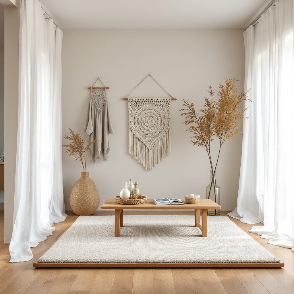 Japandi-Boho-Wohnzimmer mit Tatami-Element, niedrigem Holztisch und feinem Leinenvorhang