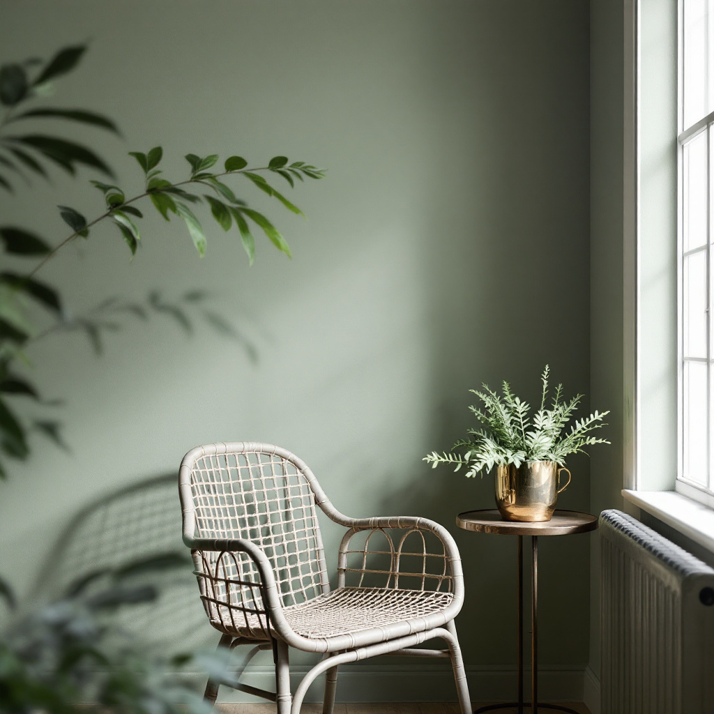 Salbeigrün lasierte Wohnzimmerwand mit Vintage-Sessel