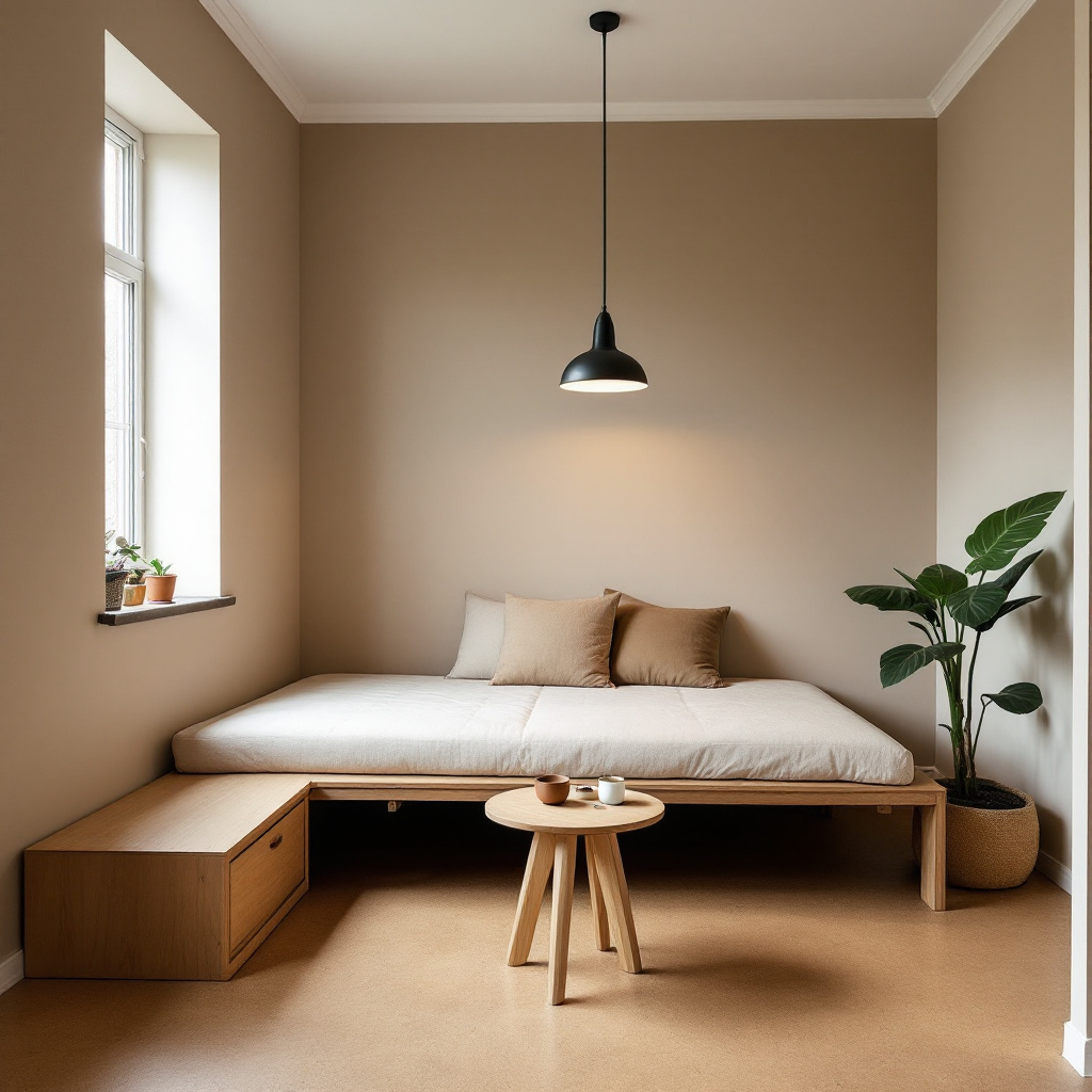 Sehr kleines Wohnzimmer 12 qm im Japandi Stil mit klappbarem Tisch