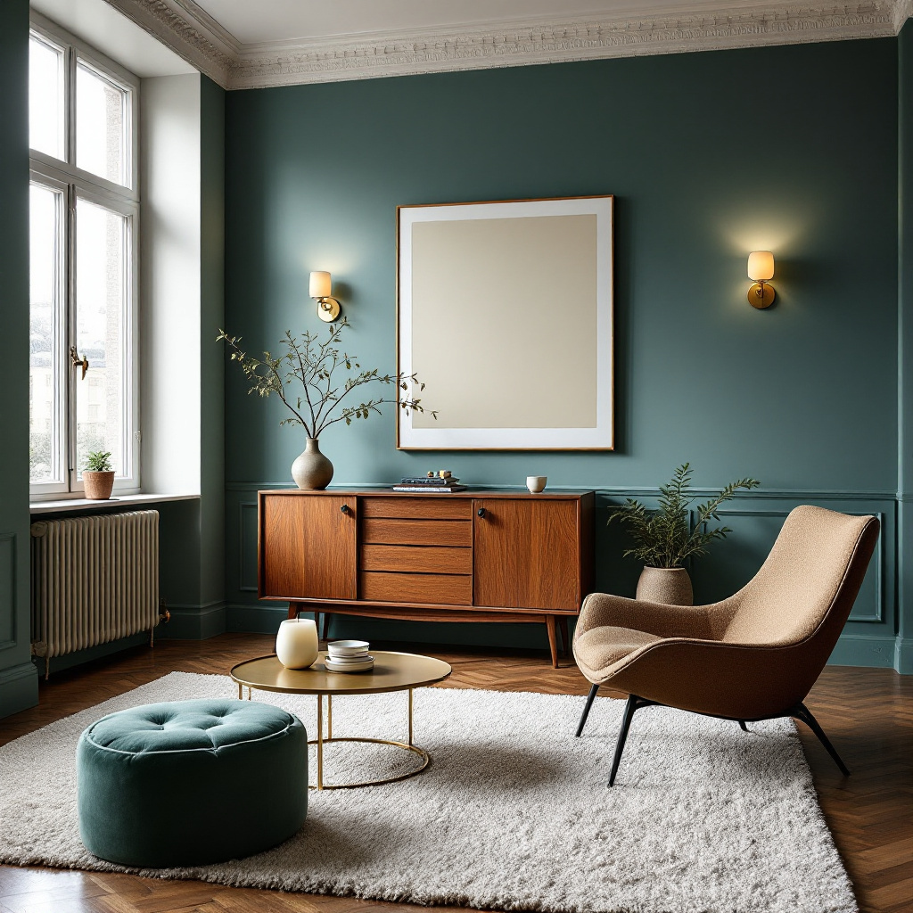 Petrolfarbenes Wohnzimmer mit Messingleuchten und nussbraunem Sideboard