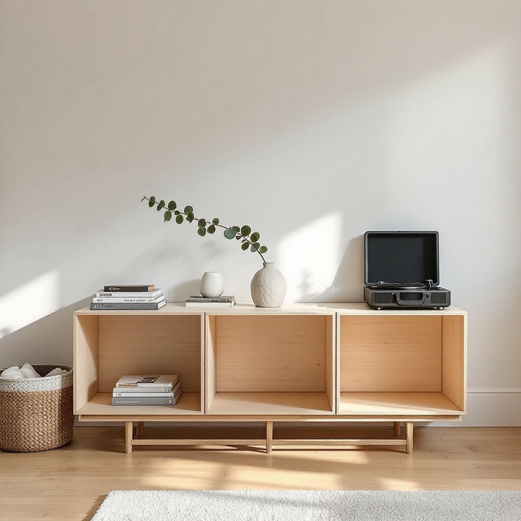 Hellgraue Stapelboxen aus Birkenholz als modulares Sideboard im Wohnzimmer, mit Buechern und einer Vase