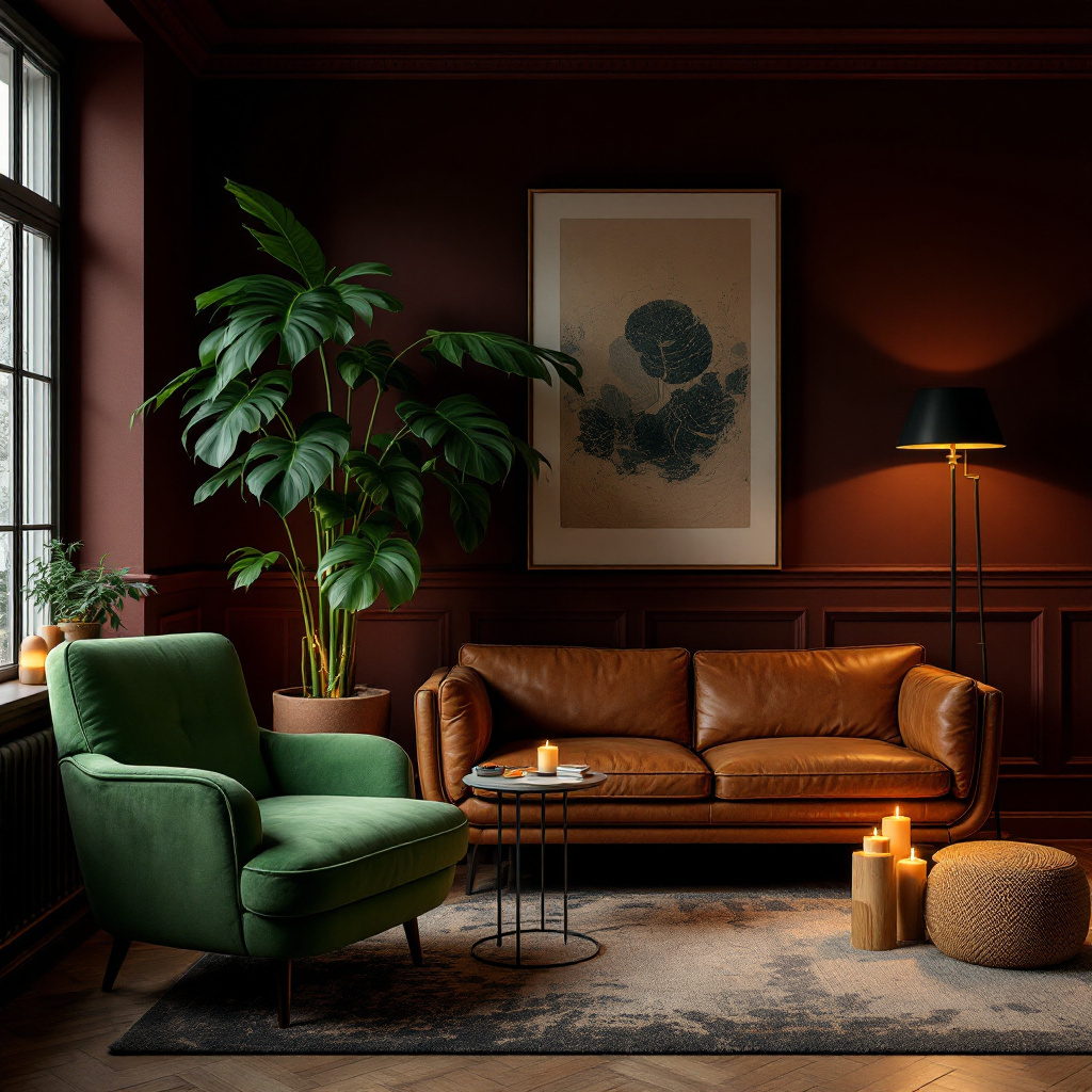 Dunkles Wohnzimmer in Tabak und Cognac mit grosser Monstera und gruenem Samtsessel