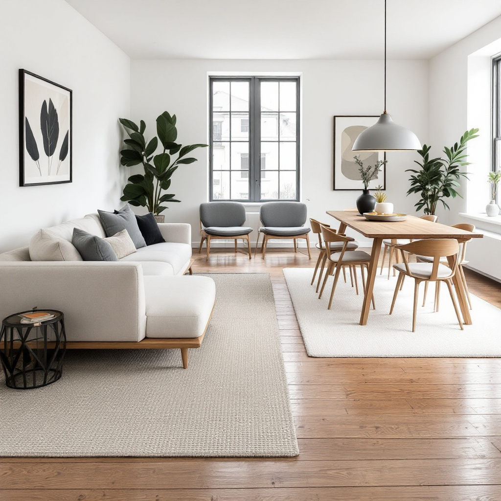 Offener Wohnessbereich mit zwei separaten Teppichen fuer Sofa und Esstisch