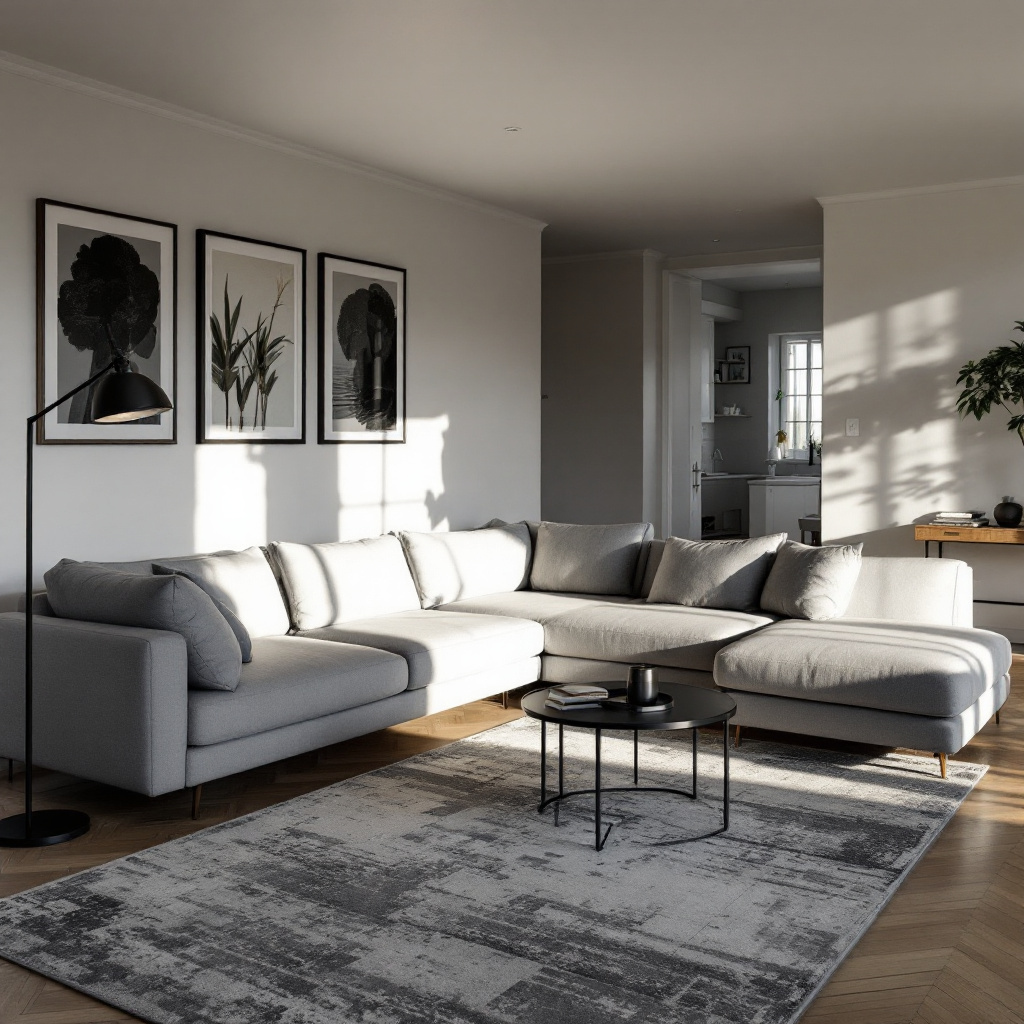 Grosses Wohnzimmer mit Ecksofa und passendem grossen rechteckigen Teppich