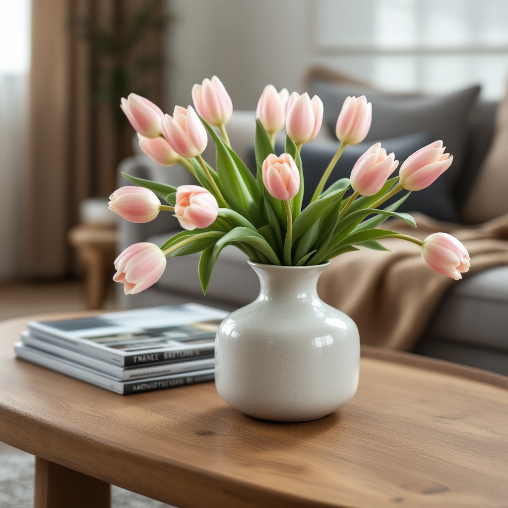 Vase mit franzoesischen Tulpen, die ueber den Rand fallen, neben einem Stapel Architekturmagazine auf einem Eichentisch