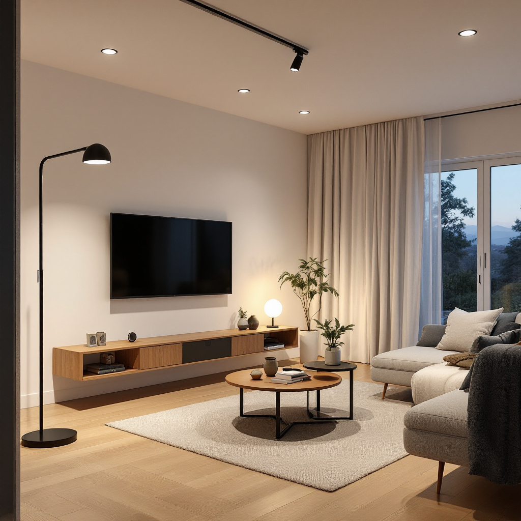 Renoviertes Wohnzimmer im skandinavischen Stil nach vollständiger Lichtplanung: Einbaustrahler, Bogenlampe, LED-Stripe hinter TV, warmweißes Licht, helle Wände, Holzboden