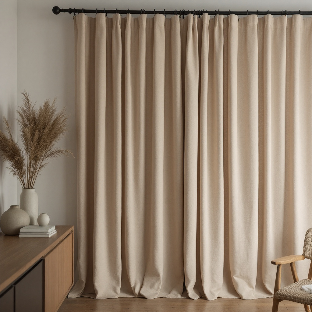 Bodenlange Leinenvorhaenge in Sandbeige mit sichtbaren natuerlichen Falten