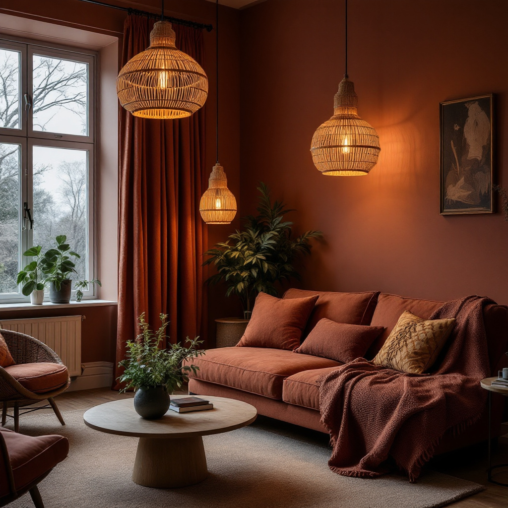 Dunkles Boho-Wohnzimmer in Terracotta und Rost mit gedimmten Rattanlampen und schweren Leinenvorhaengen