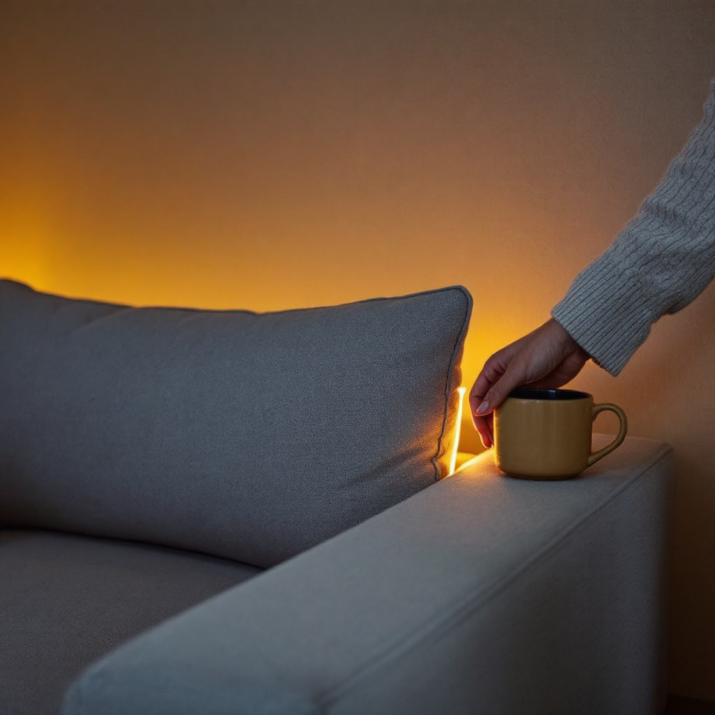 Indirekte LED-Beleuchtung hinter einem grauen Sofa, weicher warmer Lichtschein auf der Wand