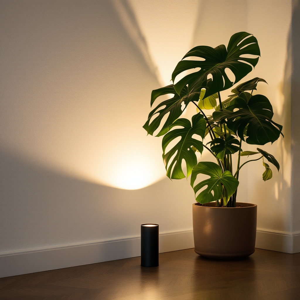 Kleines Bodenuplight neben einer grossen Monstera, warmer Lichtschein auf weisser Altbauwand
