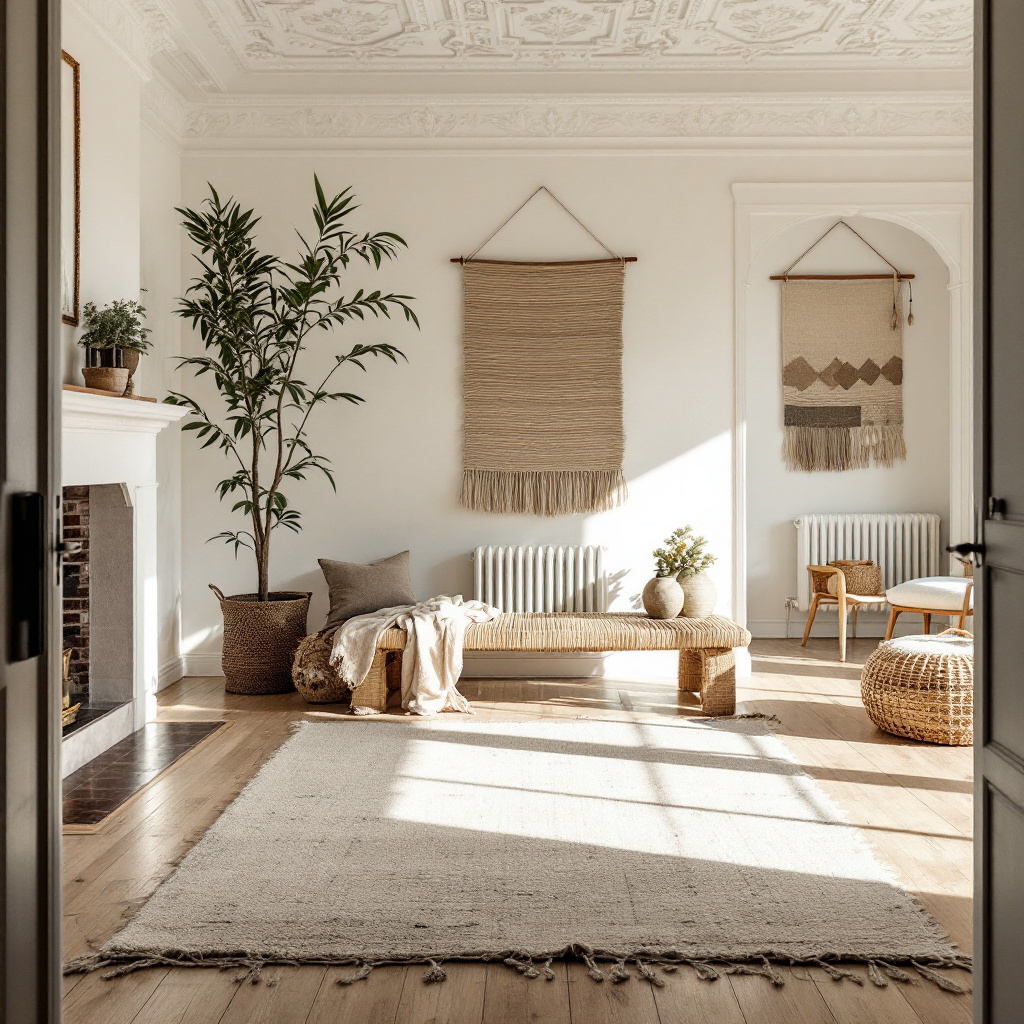 Altbau-Wohnzimmer mit Berberteppich und sparsamer Boho-Deko
