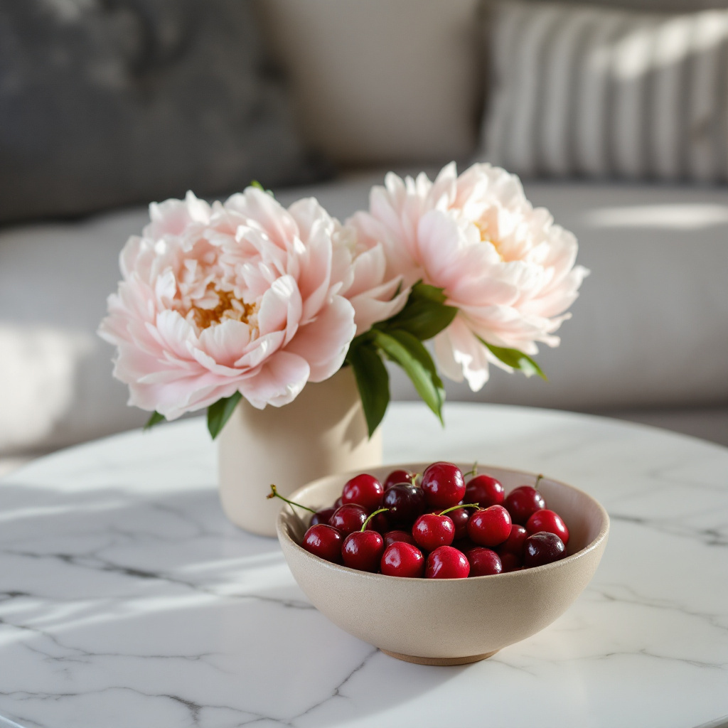 Drei rosa Pfingstrosen in einer kleinen Steingutvase neben einer handgetoepferten Keramikschale mit Kirschen