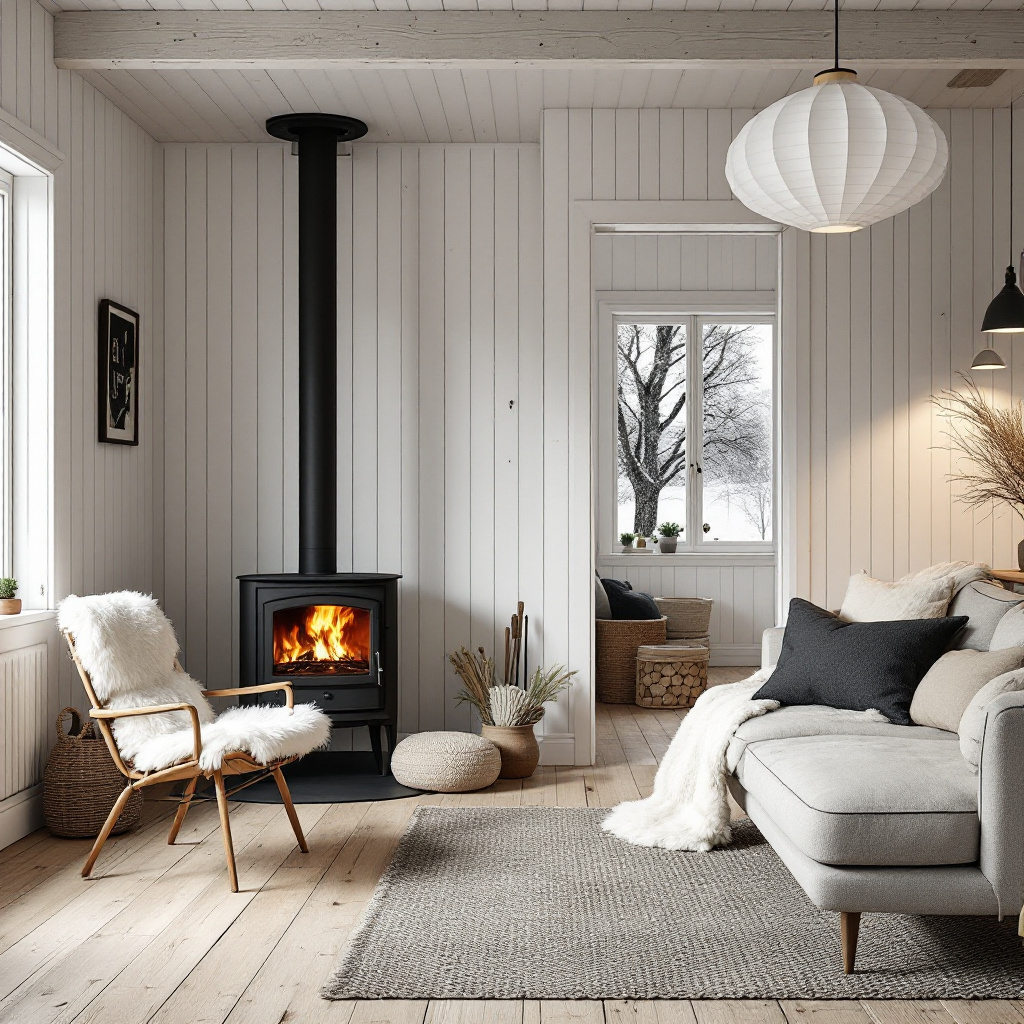 Schwedisches Hytte-Wohnzimmer mit Contura Schwedenofen und Kieferndielen