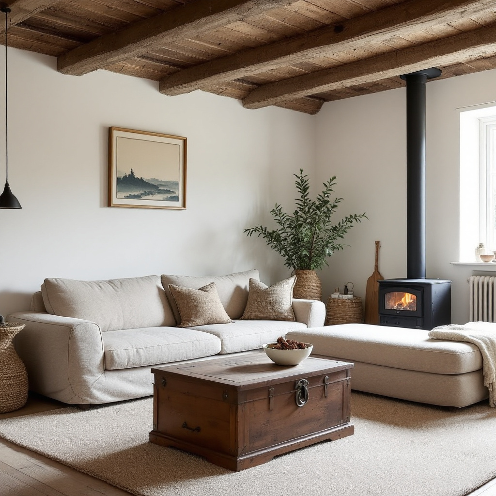 Reetdach Landhaus Wohnzimmer im Japandi Stil mit Kamin und Wollteppich