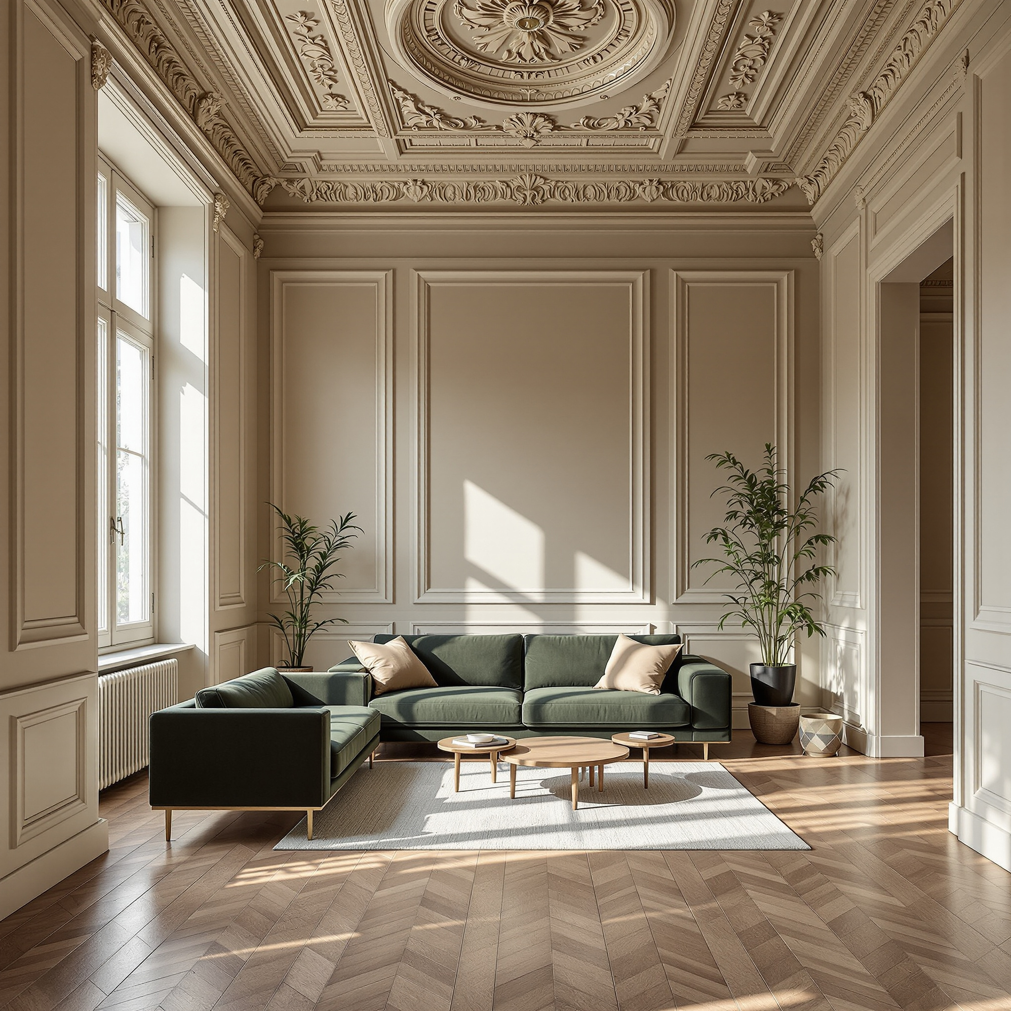 12 Altbau-Wohnzimmer mit Stuck modern eingerichtet