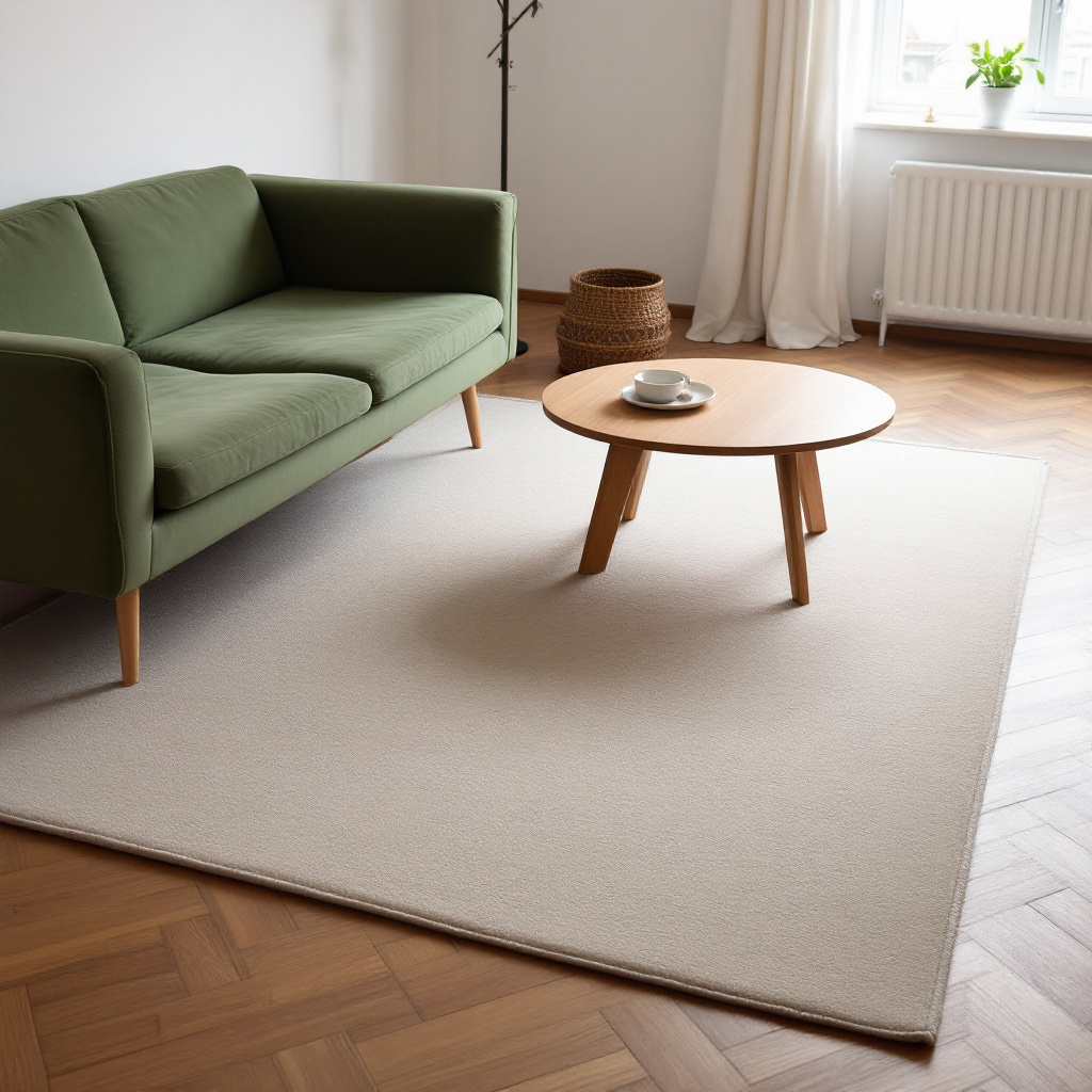 Grosser beiger Wollteppich unter Sofa und Couchtisch, Vorderbeine des Sofas auf Teppich