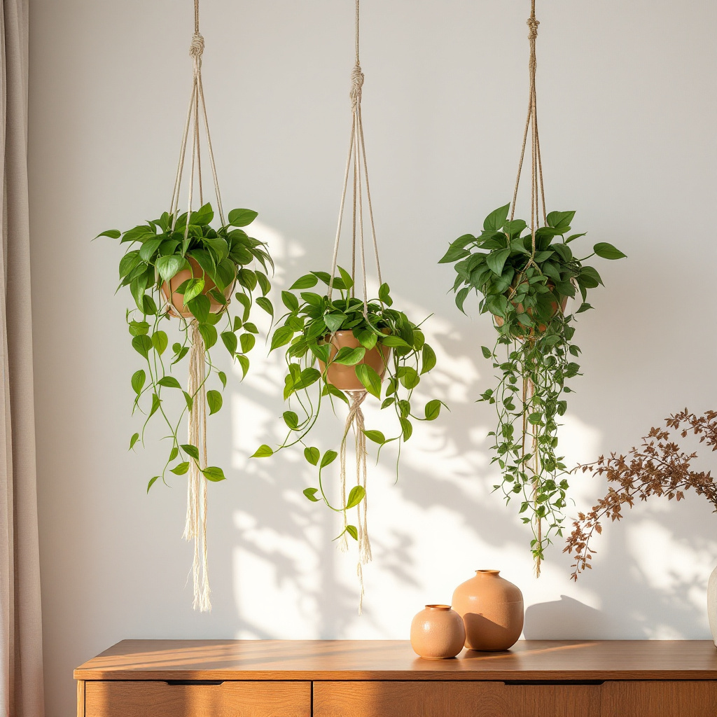 Drei haengende Efeututen ueber Holzsideboard mit Keramikvasen