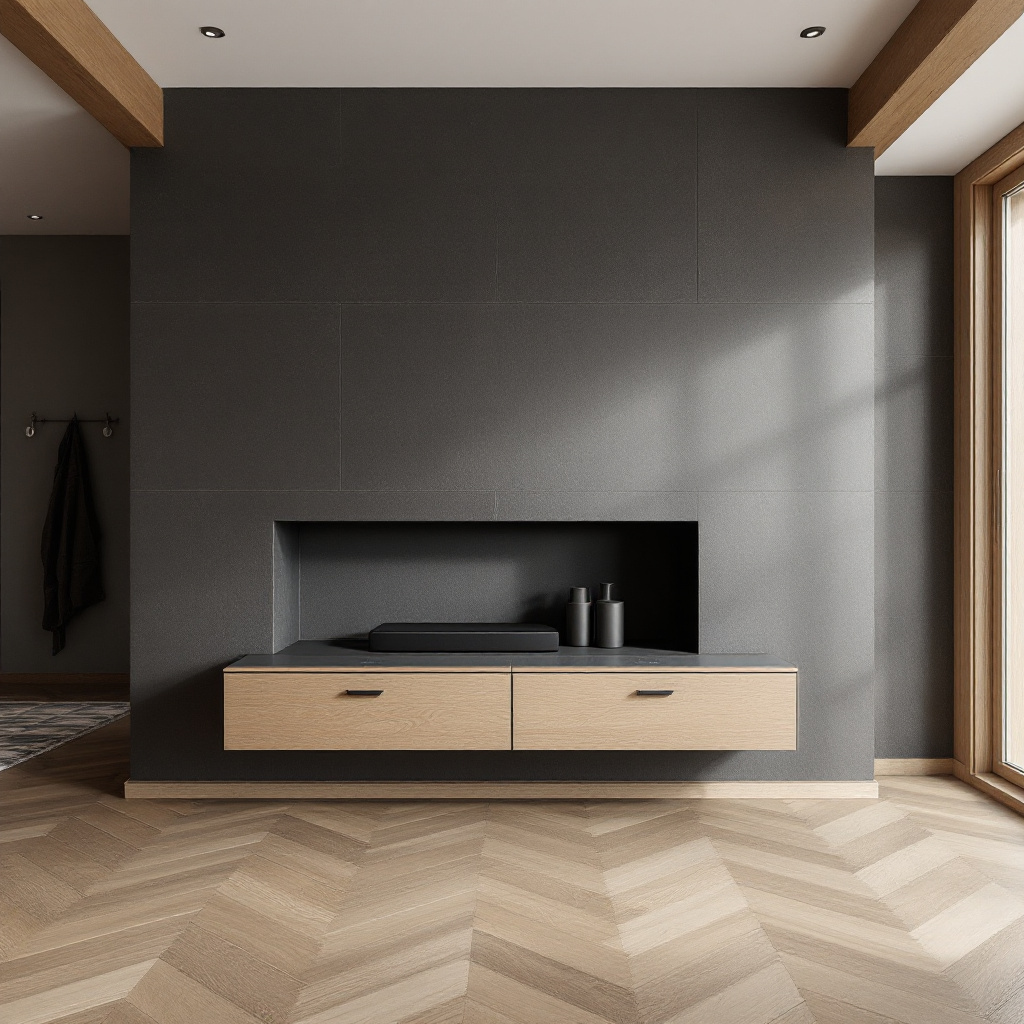 Schieferwand dunkelgrau mit schwebendem Eichensideboard und Soundbar