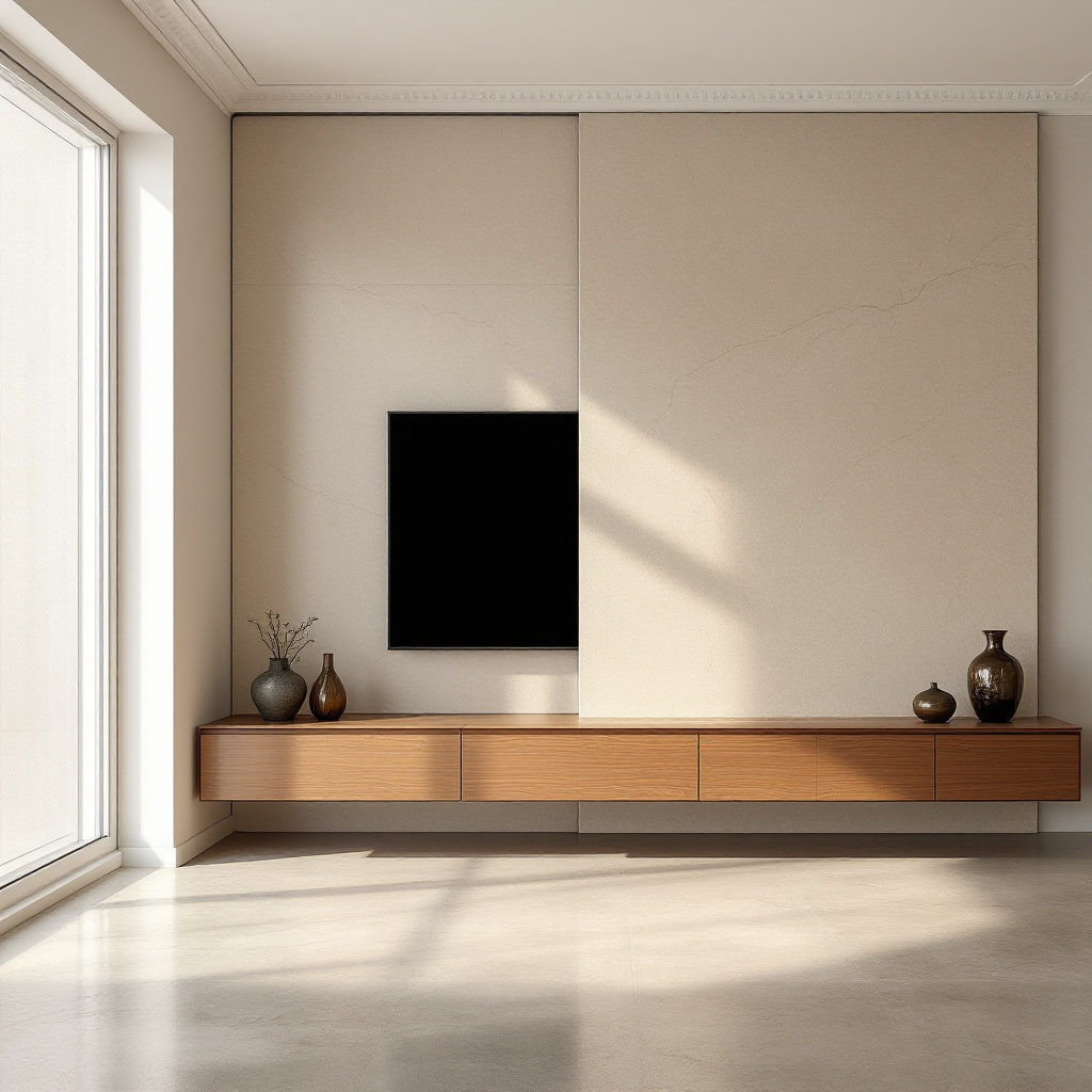 Travertin-Wand cremig hell mit verstecktem Fernseher hinter Schiebetuer