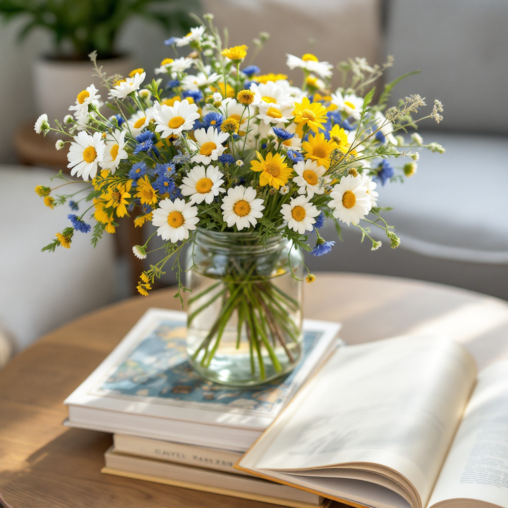 Buntes Wiesenbukett mit Margeriten, Kornblumen und Schafgarbe in einem Einmachglas auf gestapelten Reisebuechern