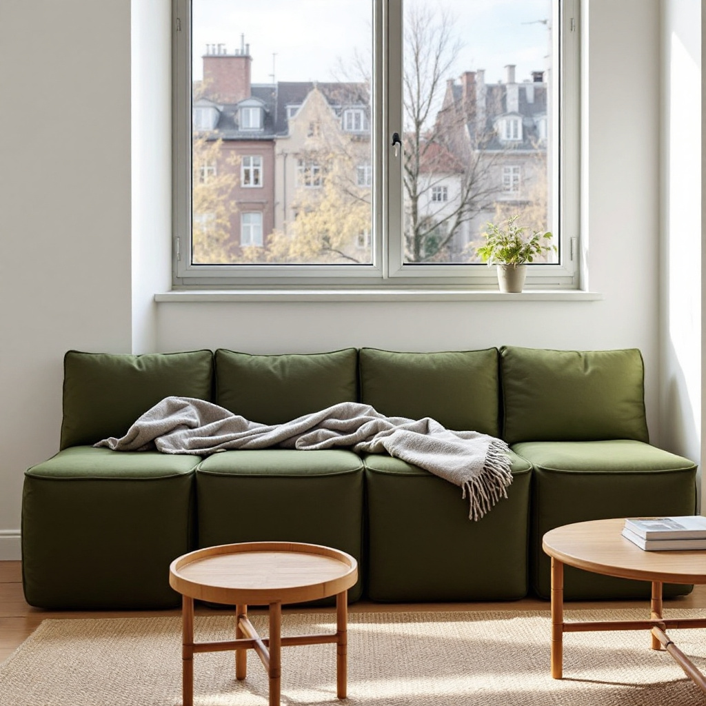 Vier Polsterhocker als modulare Sitzecke unter dem Fenster