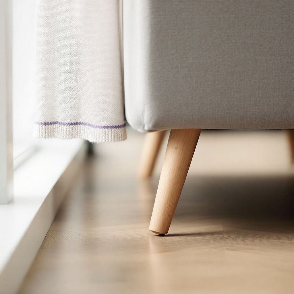 Helles Zweisitzer-Sofa mit schmalen Holzbeinen im skandinavischen Stil, natürliches Seitenlicht, freier Blick unter den Sitz