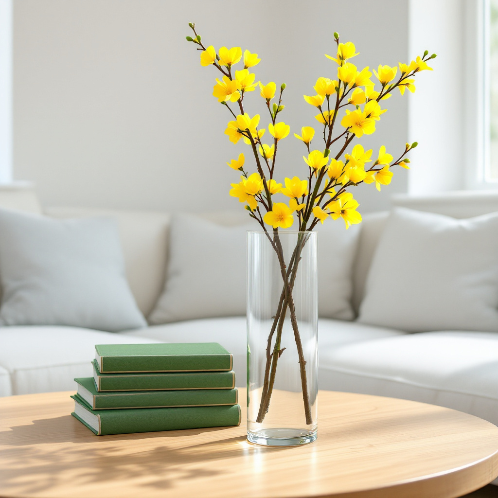 Hoher Glaszylinder mit gelben Forsythienzweigen und ein Stapel grueneingebundener Buecher auf einem ovalen Holztisch
