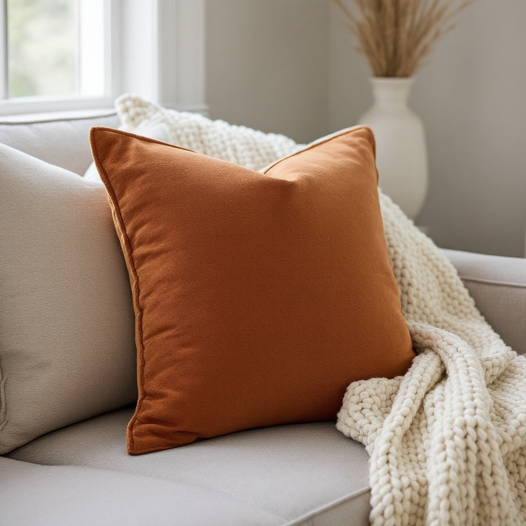 Sofa mit drei verschiedenen Kissen in Leinen Cord und Wolle, gestrickte Decke