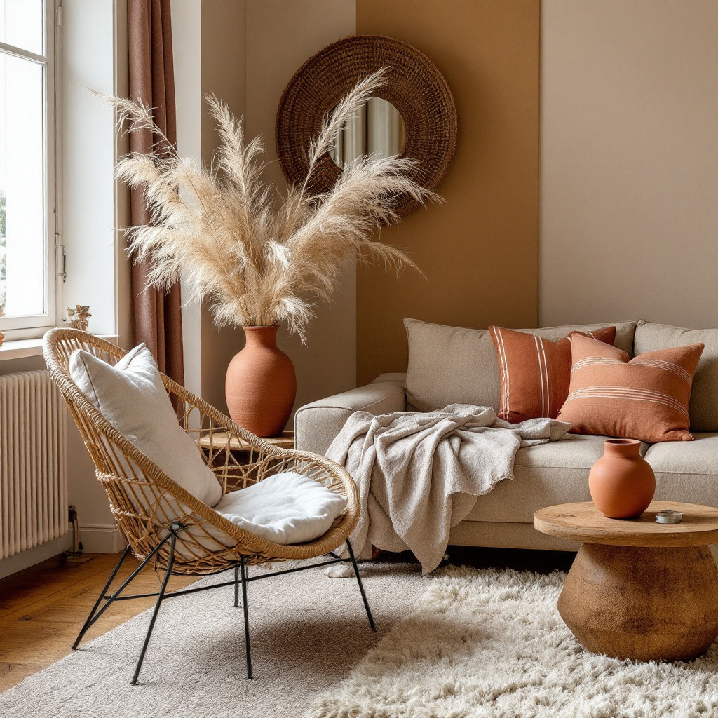 Boho-Wohnzimmer mit Rattan-Sessel, Terrakotta-Vasen und gemusterten Kissen