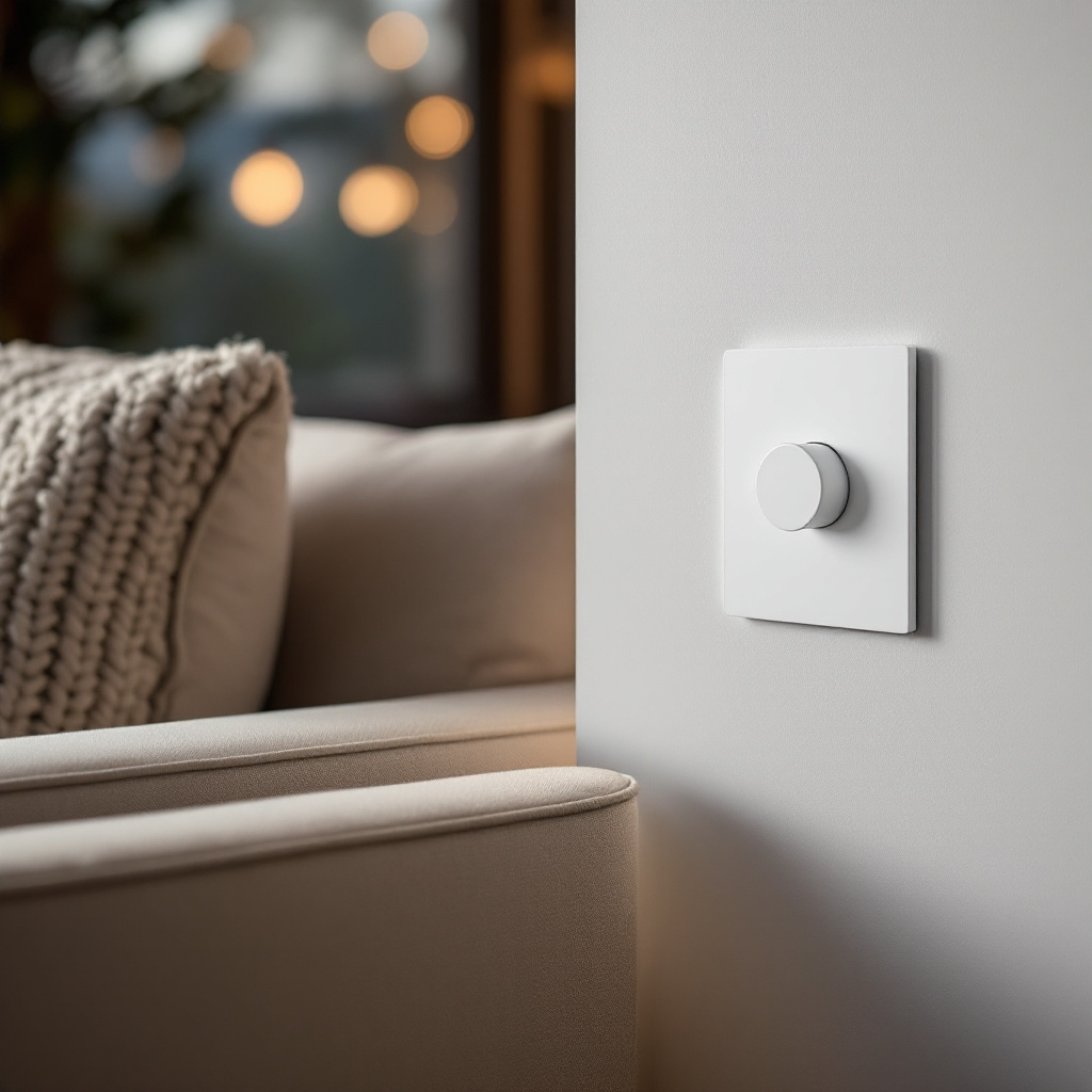 Nahaufnahme eines modernen Unterputz-Dimmers an einer Wohnzimmerwand neben einem Sofa mit Wollkissen, warmes Abendlicht