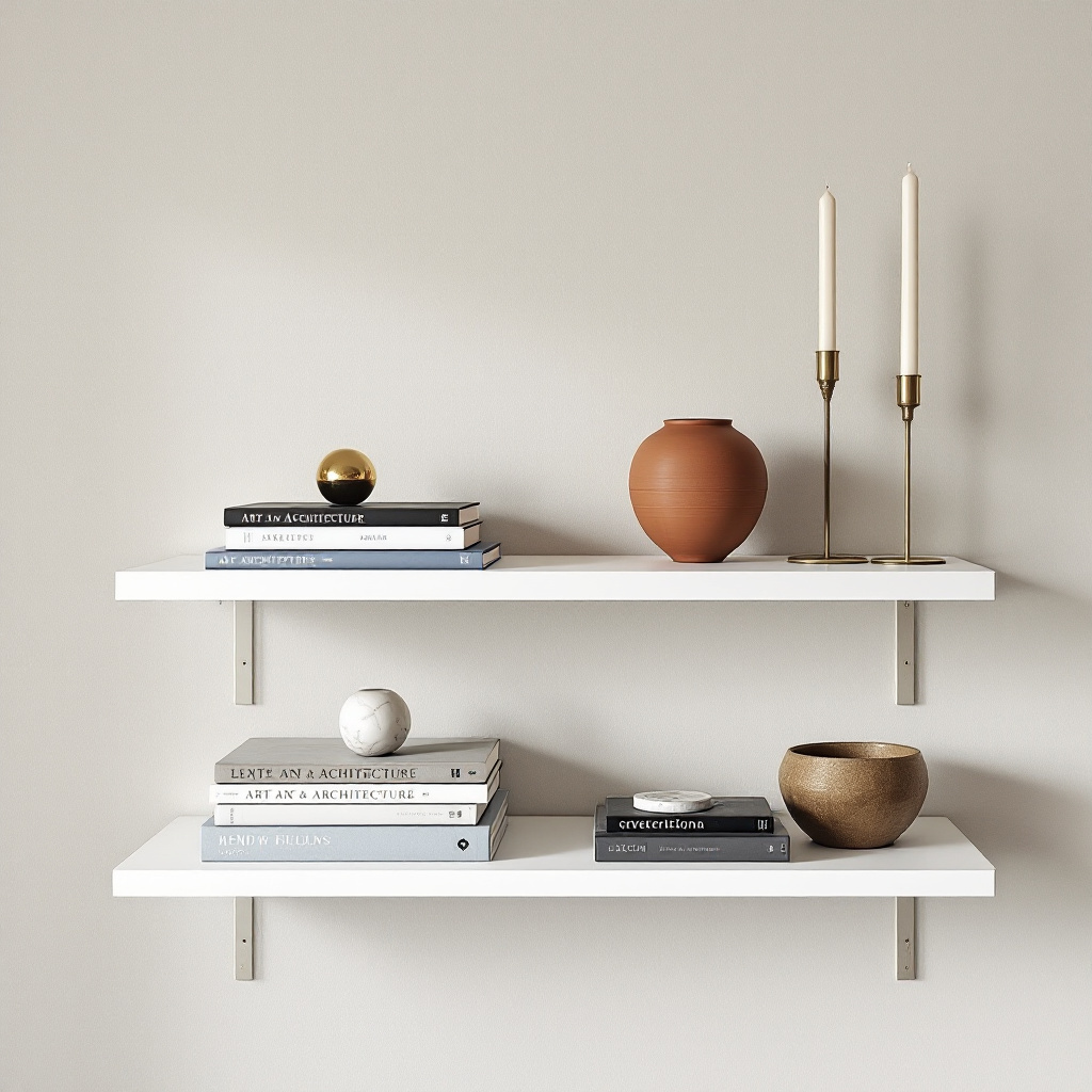 Modernes Regal mit Stapeln liegender Buecher als Sockel fuer Pflanzen und Keramik