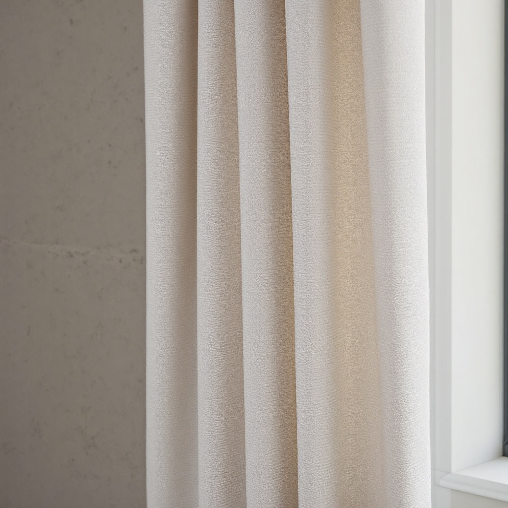 Strukturierter Boucle-Vorhang in Wollweiss vor schmalem Fenster mit Naturlicht